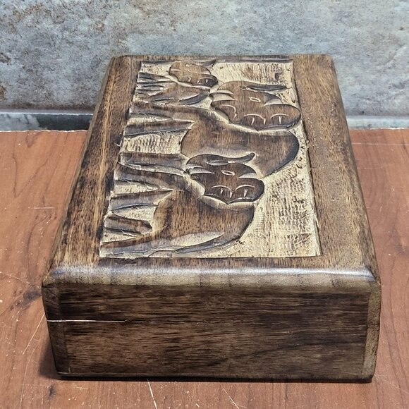 Hand Carved Elephant Wooden Hinged Box Decorative Jewelry Storage Box - Picture 12 of 12